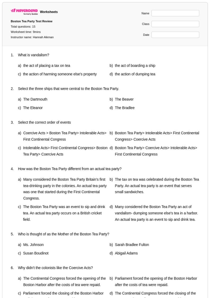 Boston Tea Party worksheet for third grade phonics focusing on sequencing events