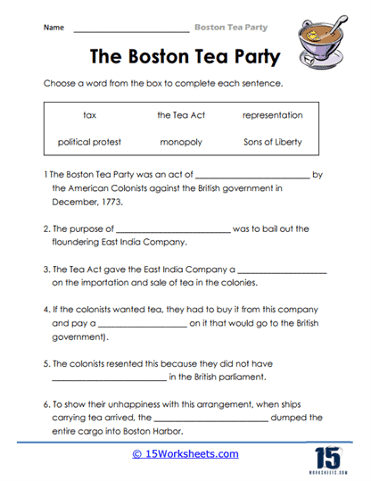 Third grade worksheet on the Boston Tea Party focusing on sequencing events