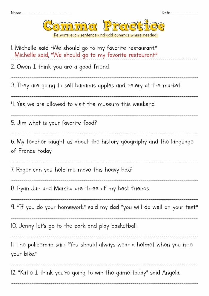 Comma usage practice sheet for young learners in history class number seven Third grade history worksheet focused on the use of commas in sentences