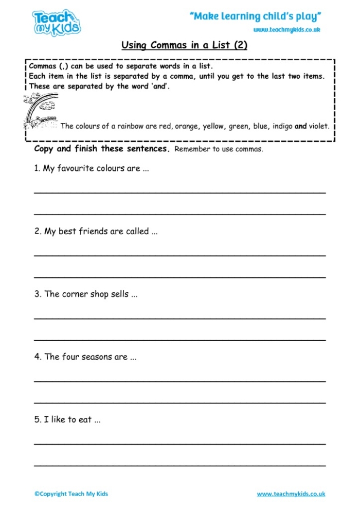 Commas in Lists worksheet for third graders practicing comma usage