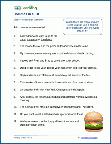 Worksheet for practicing comma usage in lists for third graders