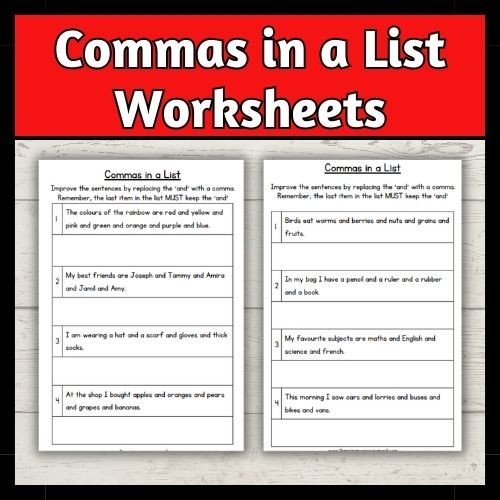Worksheet for practicing commas in lists for third graders