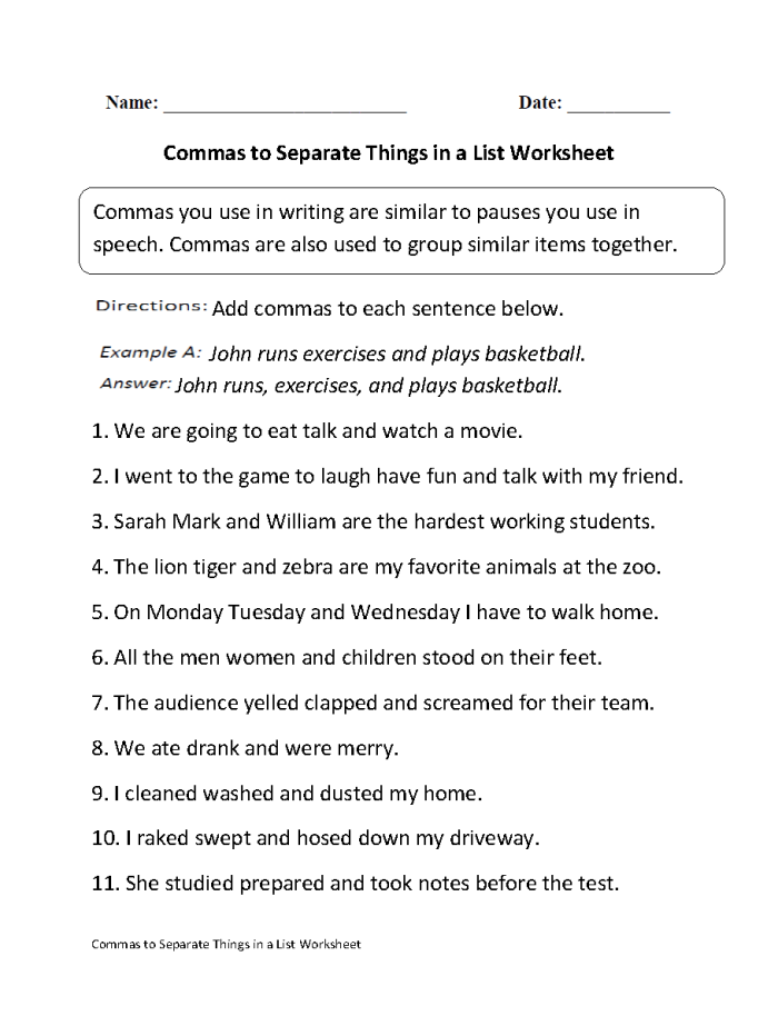 Worksheet on using commas in lists for third graders