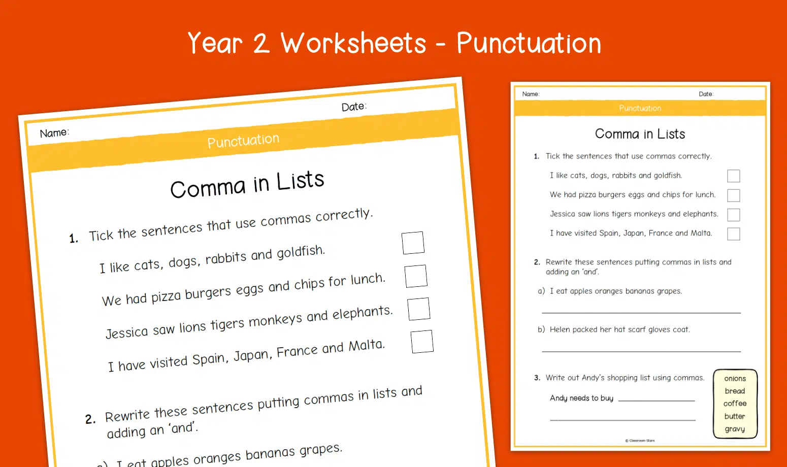 Commas in Lists worksheet for third graders focusing on proper comma usage