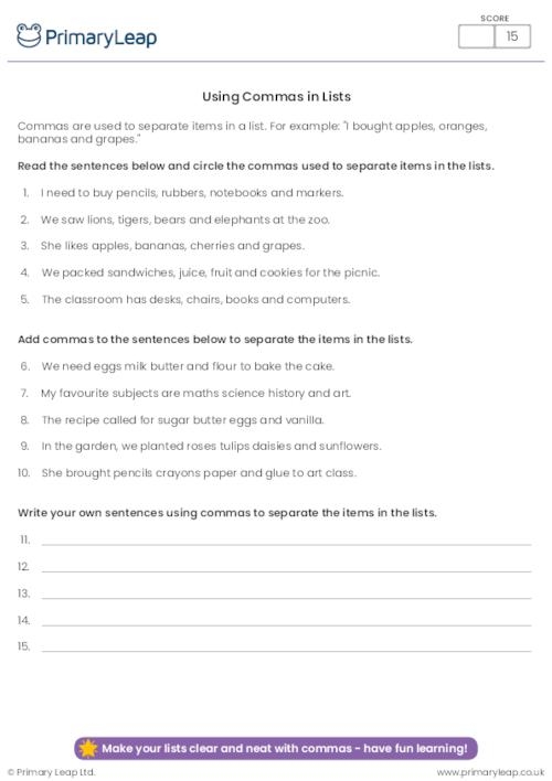 Worksheet on using commas in lists for third graders