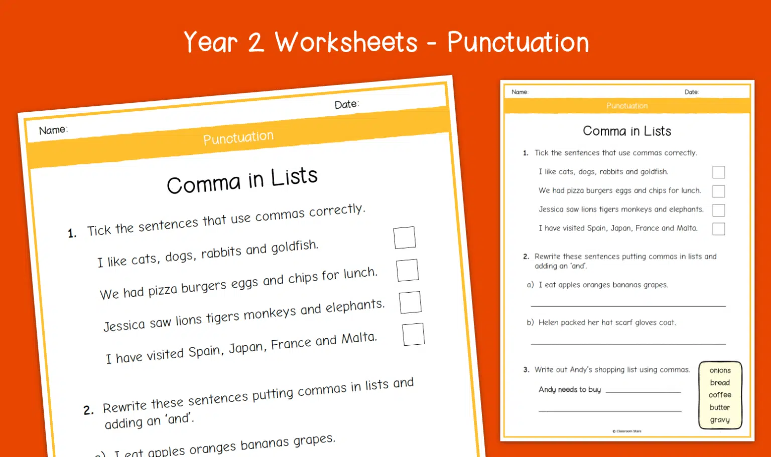Commas in Lists worksheet for third-grade students practicing punctuation skills