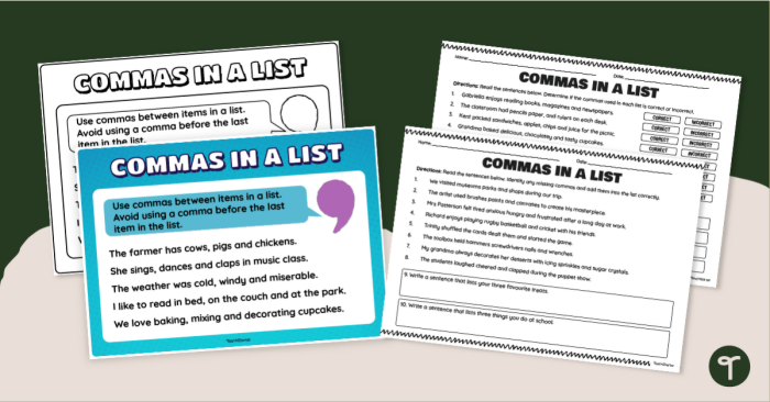 Worksheet featuring examples of commas in lists for third graders