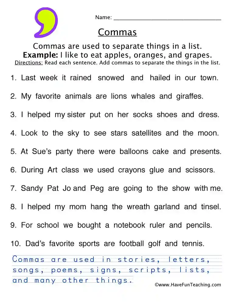 Worksheet on using commas in lists for third-grade students