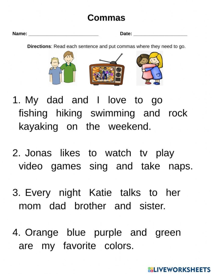 Worksheet for practicing comma usage in lists for third graders