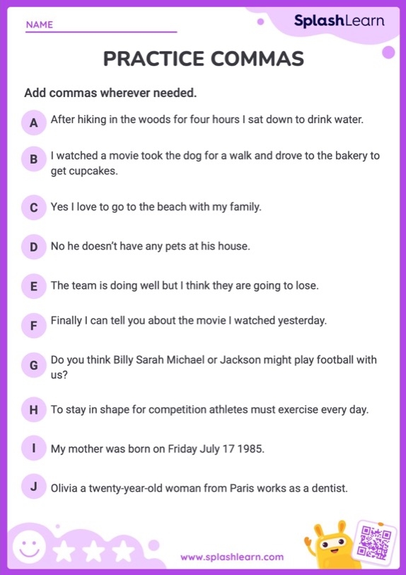 Worksheet on using commas in lists for third graders