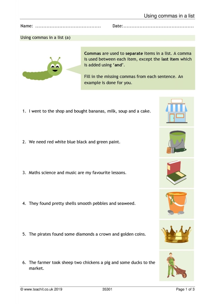 Worksheet for practicing commas in lists for third graders