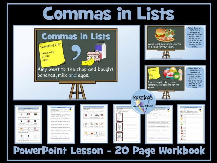 Commas in Lists worksheet for third graders focusing on proper comma usage