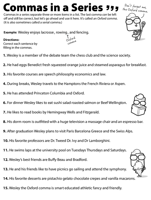 Commas in Lists worksheet for third graders focusing on proper comma usage