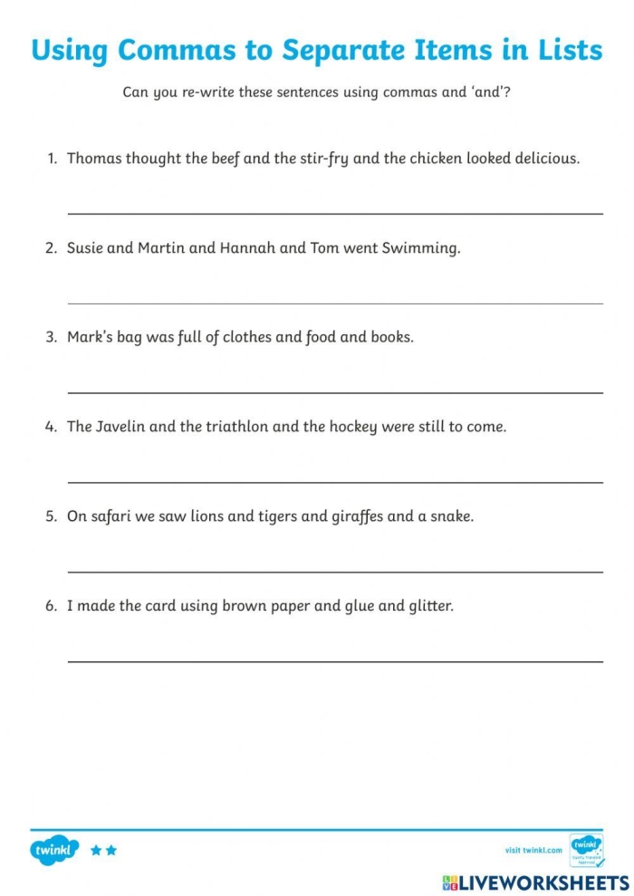 Commas in Lists worksheet for third graders featuring exercises on comma usage
