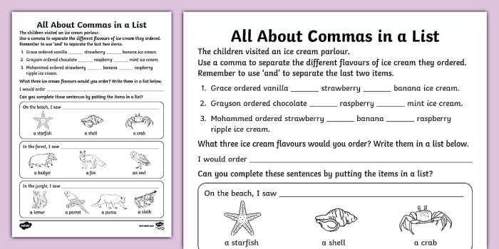 Commas in Lists worksheet for third graders featuring examples and practice exercises
