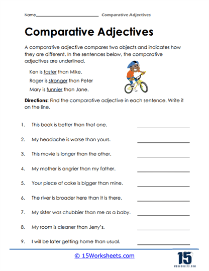 Practice exercises for forming and using cool comparative adjectives in sentences Third grade worksheet focusing on comparative adjectives in grammar