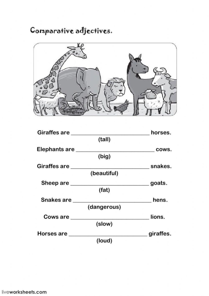 Comparative adjectives exercise for third graders on grammar and mechanics skills Third grade worksheet practicing comparative adjectives with colorful illustrations