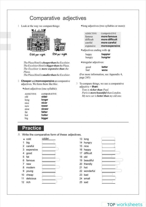 Fun grammar and mechanics exercise using comparative adjectives for grade three students Third grade worksheet focusing on cool comparative adjectives practice
