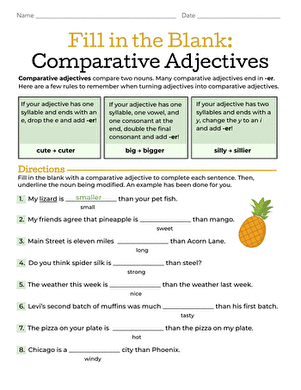 Comparative Adjectives Worksheet for Third Grade Grammar Practice Third grade students completing a Fill in the Blank worksheet on comparative adjectives