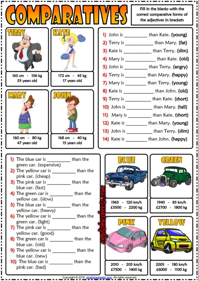 Engaging worksheet for practicing comparative adjectives in grammar lessons Third grade students working on a Fill in the Blank worksheet for comparative adjectives