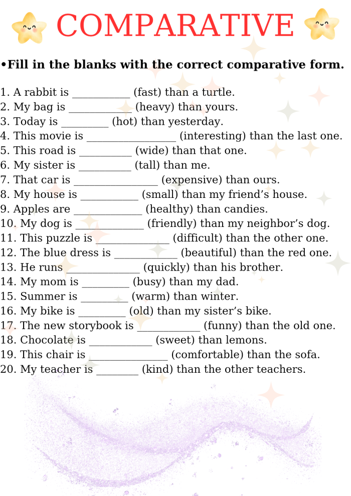 Comparative Adjectives Worksheet for Third Grade Students Fill in the Blank worksheet for practicing comparative adjectives in grammar