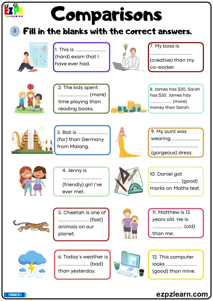 Engaging worksheet for practicing comparative adjectives in grammar lessons Third grade students working on a Fill in the Blank worksheet for comparative adjectives