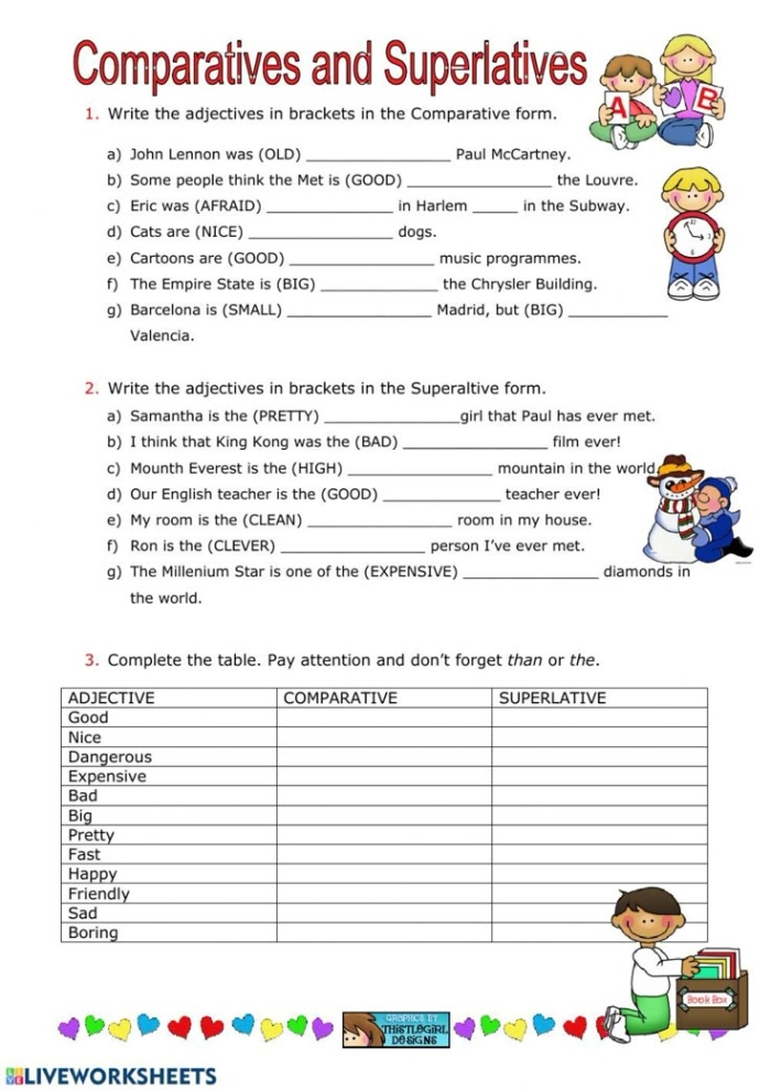 More Comparative and Superlative Adjectives Learning Exercise 19 Third grade grammar worksheet showing comparative and superlative adjectives practice activities for elementary students