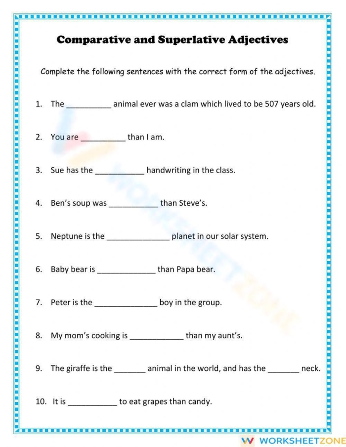 More Comparative and Superlative Adjectives Grammar Activity for Elementary Learners Third grade students completing grammar exercises with comparative and superlative adjectives on a practice worksheet