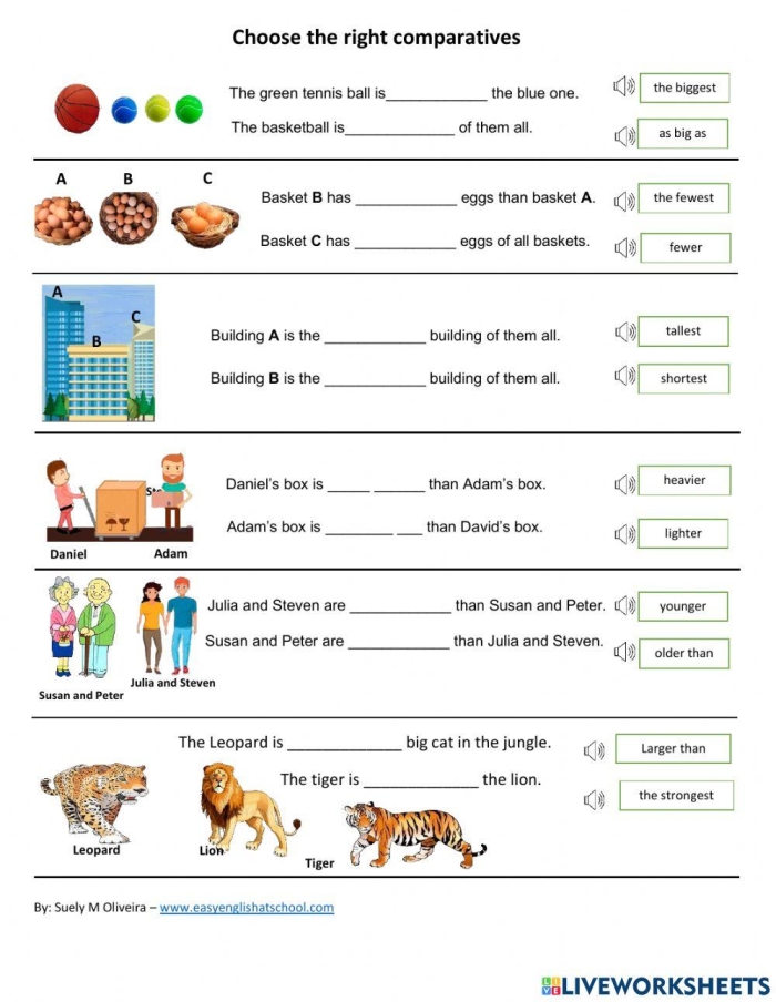 More Comparative and Superlative Adjectives worksheet exercise 4 for elementary grammar practice Third grade students completing comparative and superlative adjectives practice activities on a grammar worksheet