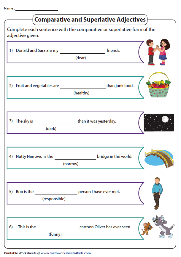 More Comparative and Superlative Adjectives Grammar Worksheet for Elementary Learners Third grade students completing a comparative and superlative adjectives practice worksheet with grammar exercises