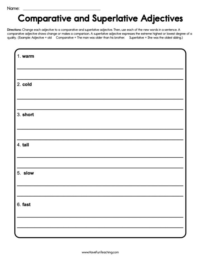 More Comparative and Superlative Adjectives Learning Activity for Elementary Students Third grade students completing comparative and superlative adjectives practice exercises on a grammar worksheet