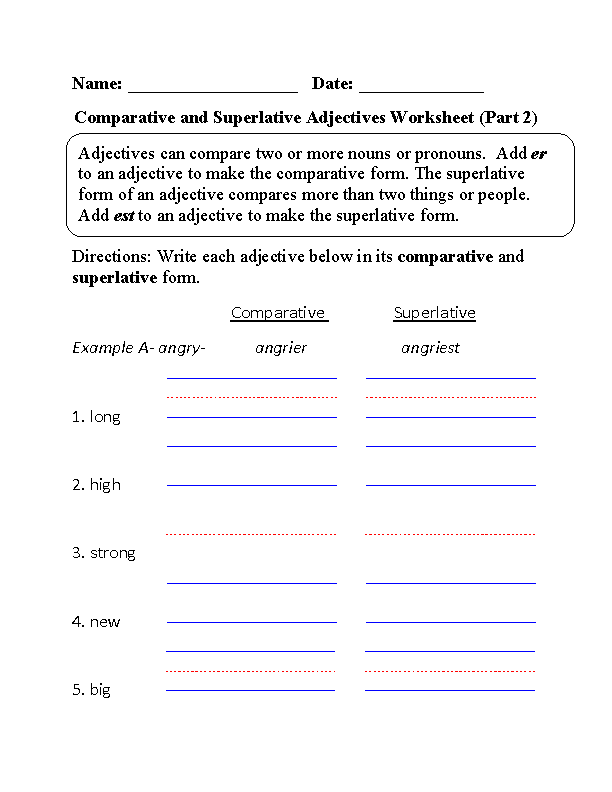 More Comparative and Superlative Adjectives Grammar Activity for Elementary Learners Third grade students completing a comparative and superlative adjectives practice worksheet with grammar exercises