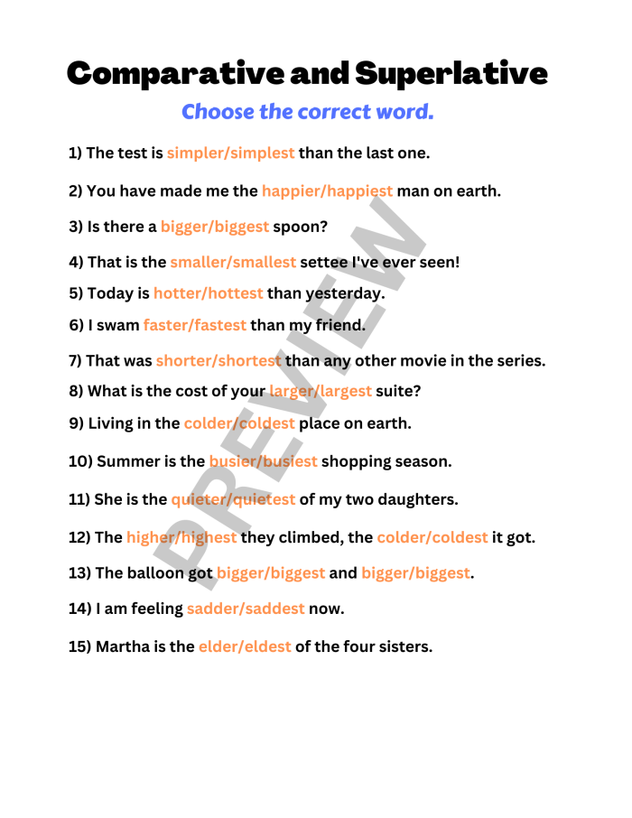 More Comparative and Superlative Adjectives Learning Activity for Grade 3 Third grade students completing comparative and superlative adjectives grammar practice exercises on a worksheet