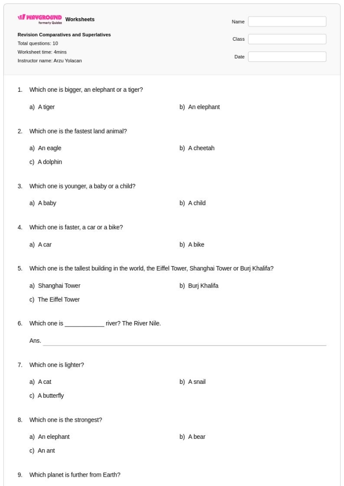 Comparatives and Superlatives worksheet for grade 3 students, image 15 Worksheet for third graders focusing on comparatives and superlatives of adjectives