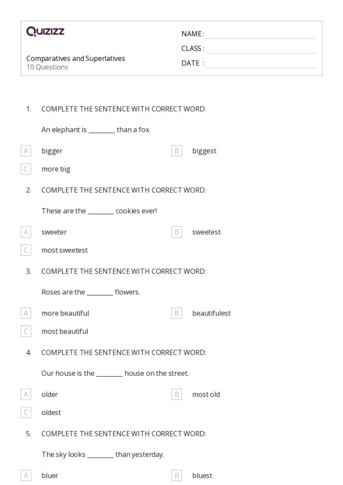 Worksheet focusing on grammar skills for comparatives and superlatives, image 16 Comparative and superlative adjectives worksheet for third-grade students