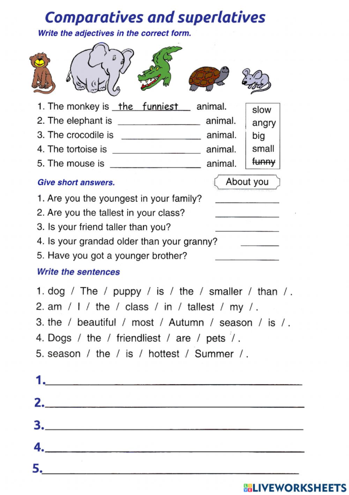 Worksheet image showing students practicing adjective forms in a fun and engaging way Third grade students working on a comparatives and superlatives grammar worksheet