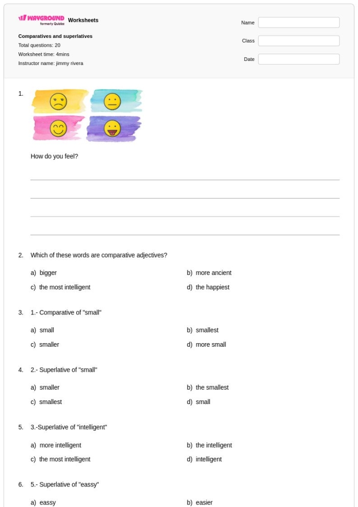 Worksheet image illustrating grammar practice with adjectives for third grade students Comparatives and superlatives worksheet for third graders featuring engaging exercises