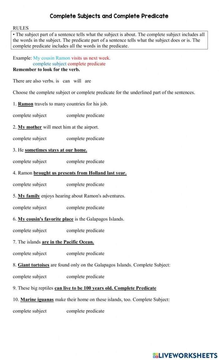 Worksheet for identifying complete subjects and predicates in sentences for third graders