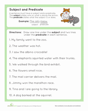 Worksheet for identifying complete subjects and predicates in sentences