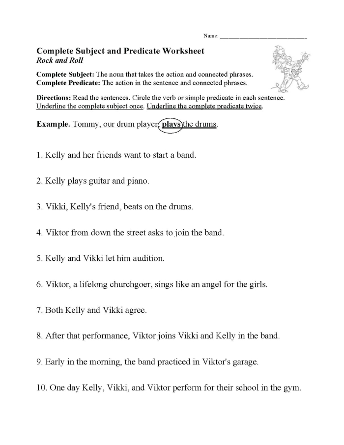 Worksheet for third graders focused on identifying complete subjects and predicates in sentences