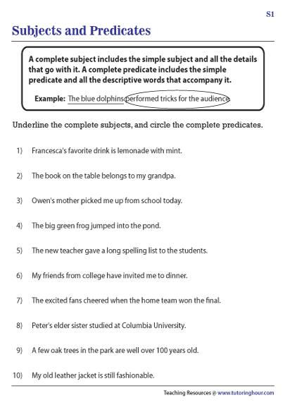 Worksheet for third graders focusing on complete subjects and predicates in sentences