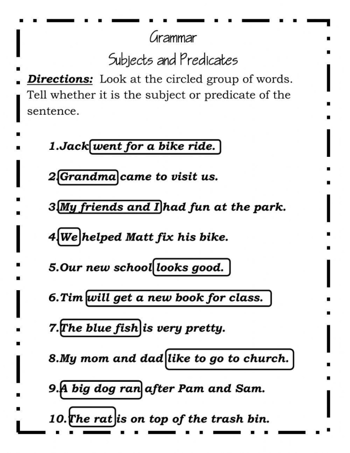 Worksheet for third graders focusing on complete subject and complete predicate identification