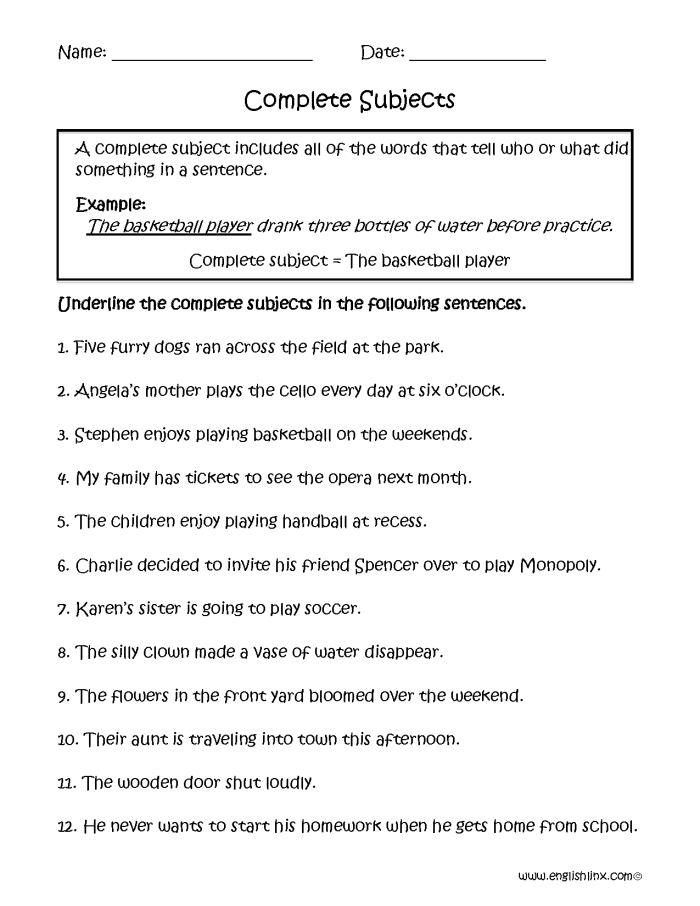 Worksheet for identifying complete subjects and predicates in sentences for third graders