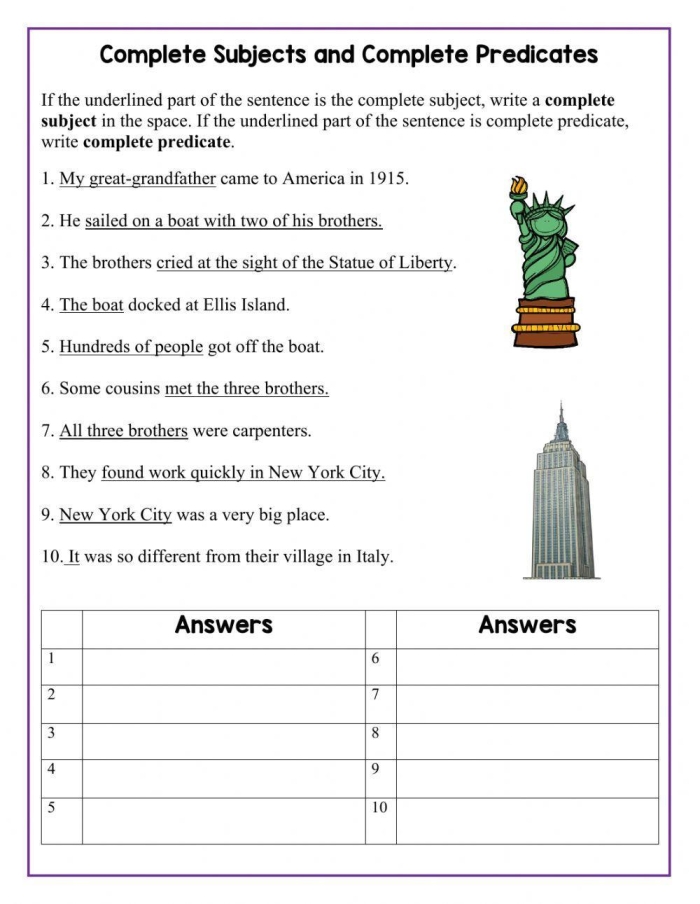 Worksheet for third graders focusing on complete subjects and predicates in sentences