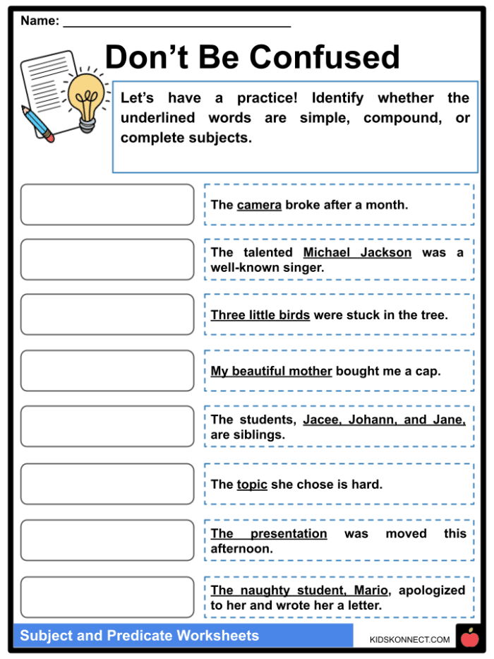 Worksheet for third graders on complete subjects and predicates