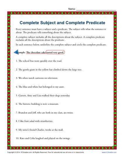 Worksheet for third graders to identify complete subjects and predicates in sentences