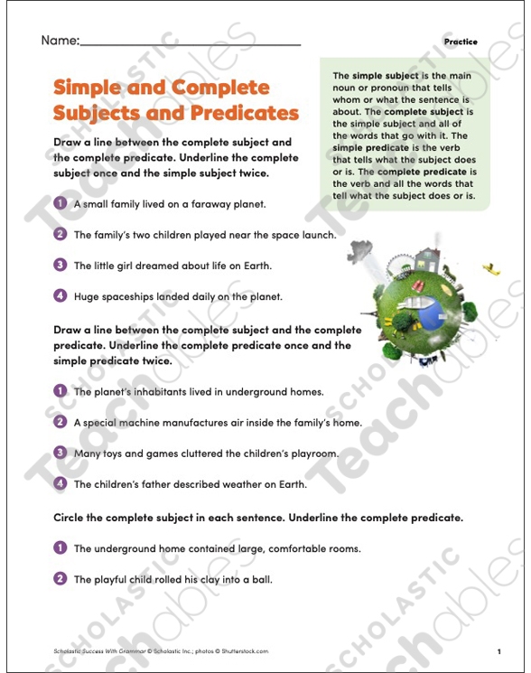 Worksheet for identifying complete subjects and predicates in sentences for third graders