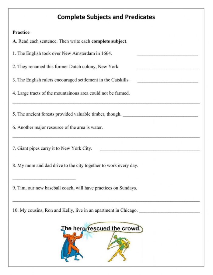 Worksheet for third graders focusing on complete subjects and predicates in sentences. Complete Subject and Complete Predicate practice worksheet for third grade students.