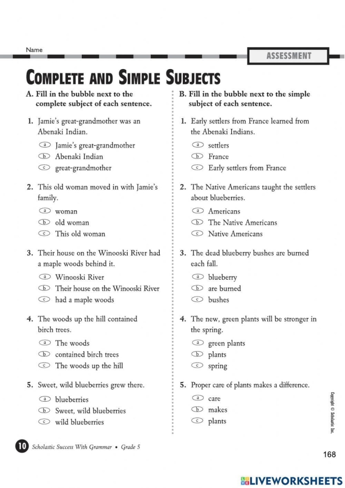 Worksheet for identifying complete subjects and predicates in sentences for third graders