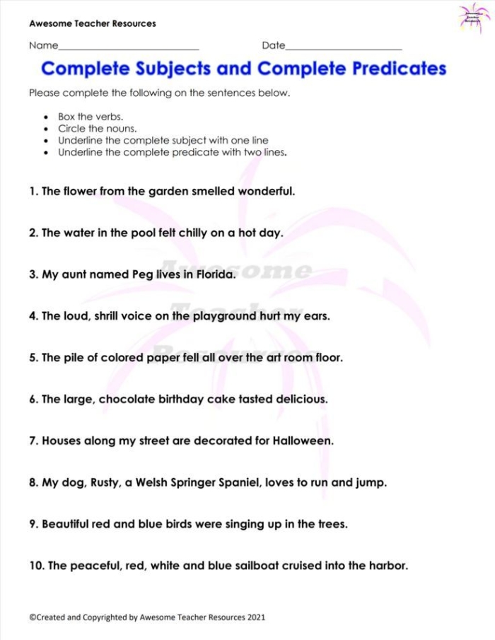 Worksheet for third graders to practice identifying complete subjects and predicates in sentences
